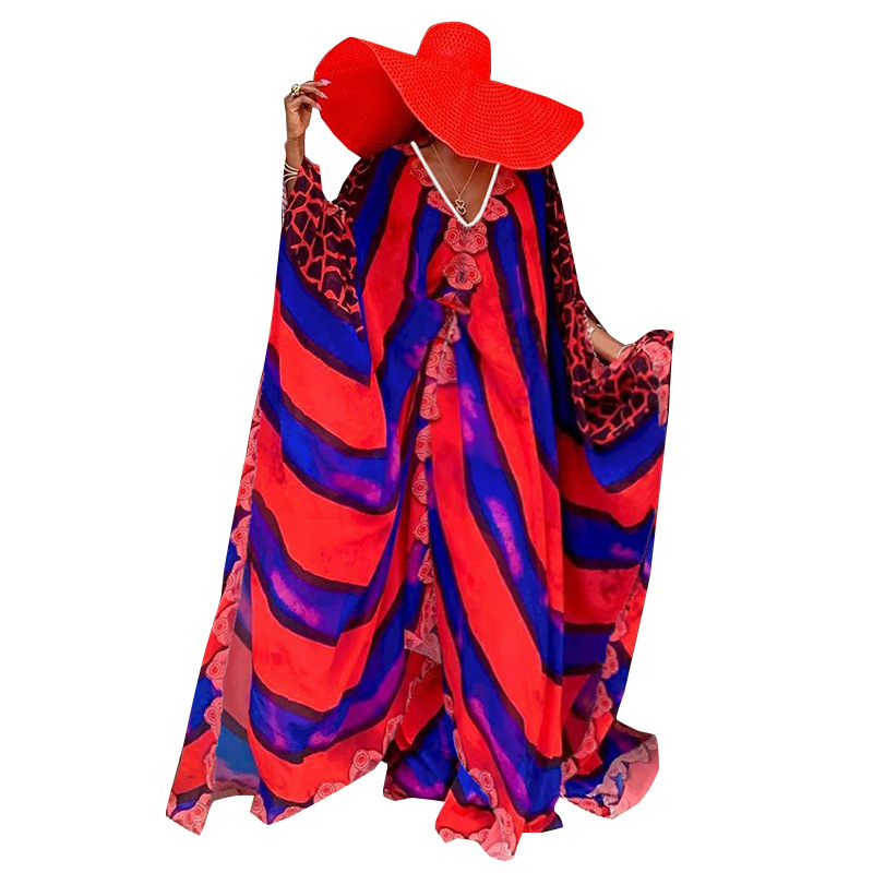 Women Dress Printed Bohemia Sexy Long Print Floral Maxi es Batwing Sleeve V Neck Loose Leisure Summer es 210513