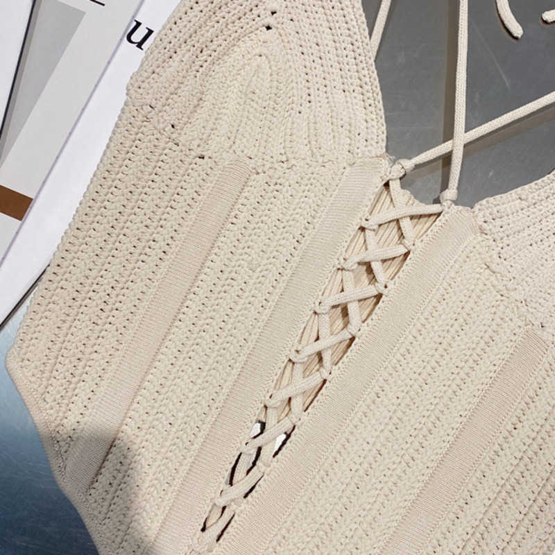 DEAT Women Knitted Bandage V-neck Halter Camis Arrivals Backless Sexy Temperament Fashion Spring Summer 11D958 210709