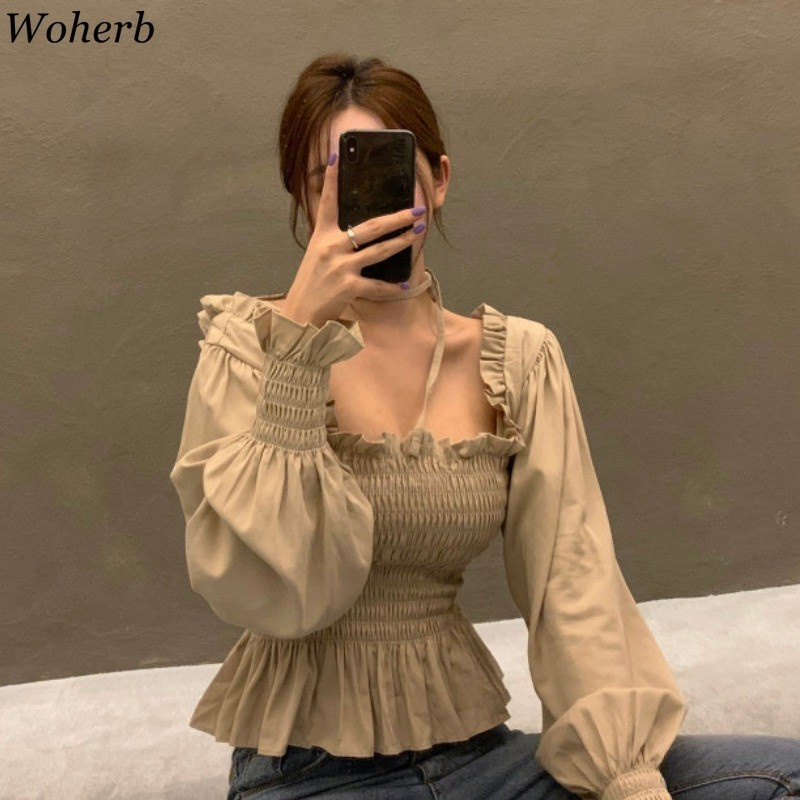 Square Collar Blouse Women Ruffle Pleated Blusas Elastic Waist Lace-up Fashion Blouses Elegant Lantern Sleeve Crop Tops 210519