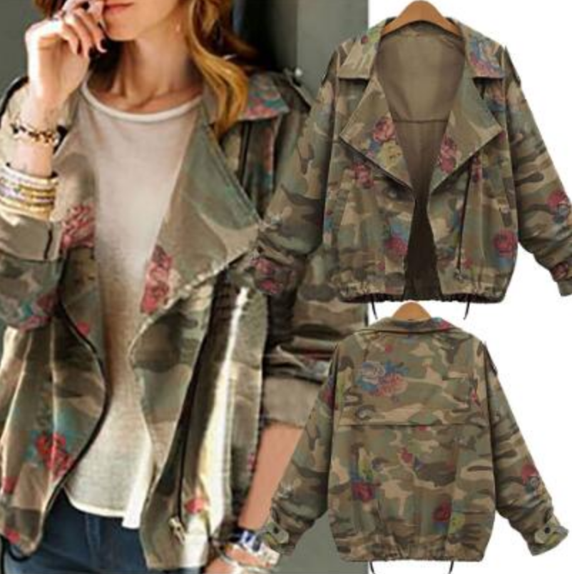 

Women Jackets Autumn Winter Army Green Camouflage Jackets Floral Printed Zipper Jeans Coats For Woman Denim Cardigans dff3827, Black;brown