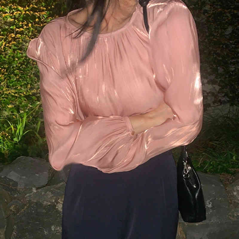 Nomikuma Korean Pleated O-neck Blouse Causal Solid Long Sleeve Pullover Tops New Autumn Women Blusas Shirt 6D479 210427