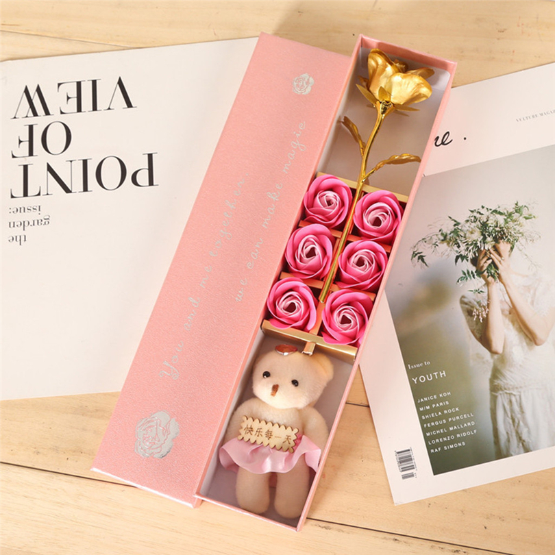 6PCS/Set 24K Gold Rose Soap Flower Valentine's Day Gift Bear Box Gift Box for Girlfriend Foil Rose Birthday Gift For Mom J50 210317