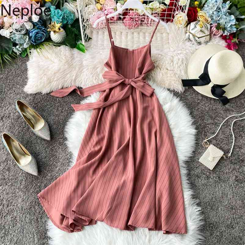 Summer Holiday Beach Sleeveless Camis Dress High Waist Hip Striped A Line Vestido Slim Lace Up Bow Ropa 210422