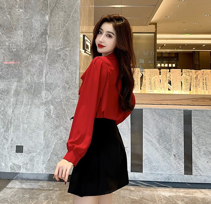 Spring Two piece set Women Red Ruffles Patchwork Long Sleeve Chiffon Shirt Top + Black A-line Mini Skirt Suits 210519