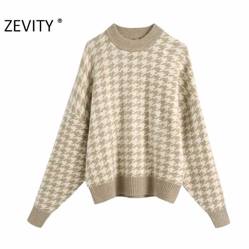 ZEVITY women vintage houndstooth pattern pullovers knitting sweater ladies batwing sleeve casual autumn sweaters chic tops S410 210603