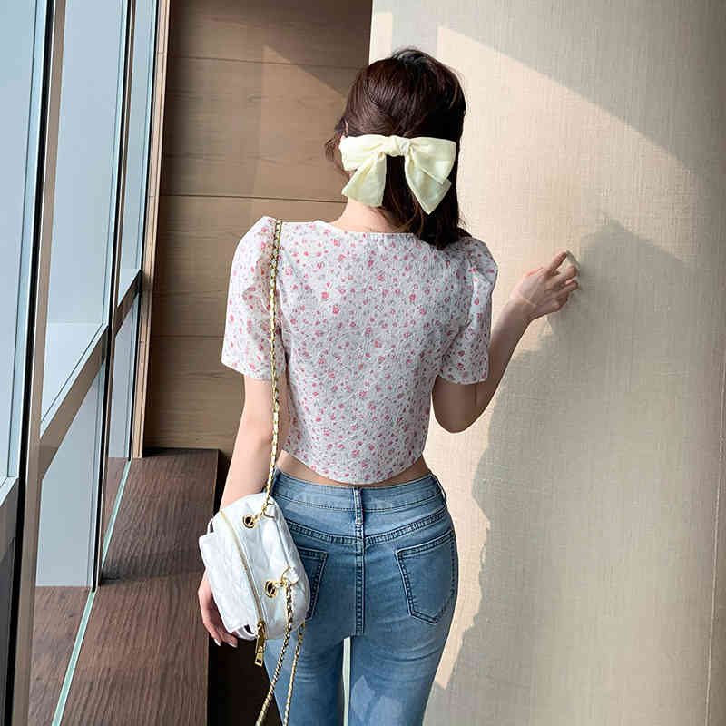 Korean Summer Fashion Sweet Flowers Print Blouses Women Temperament Square Neck Puff Sleeve Short Shirt Tops Female Blusas 210518