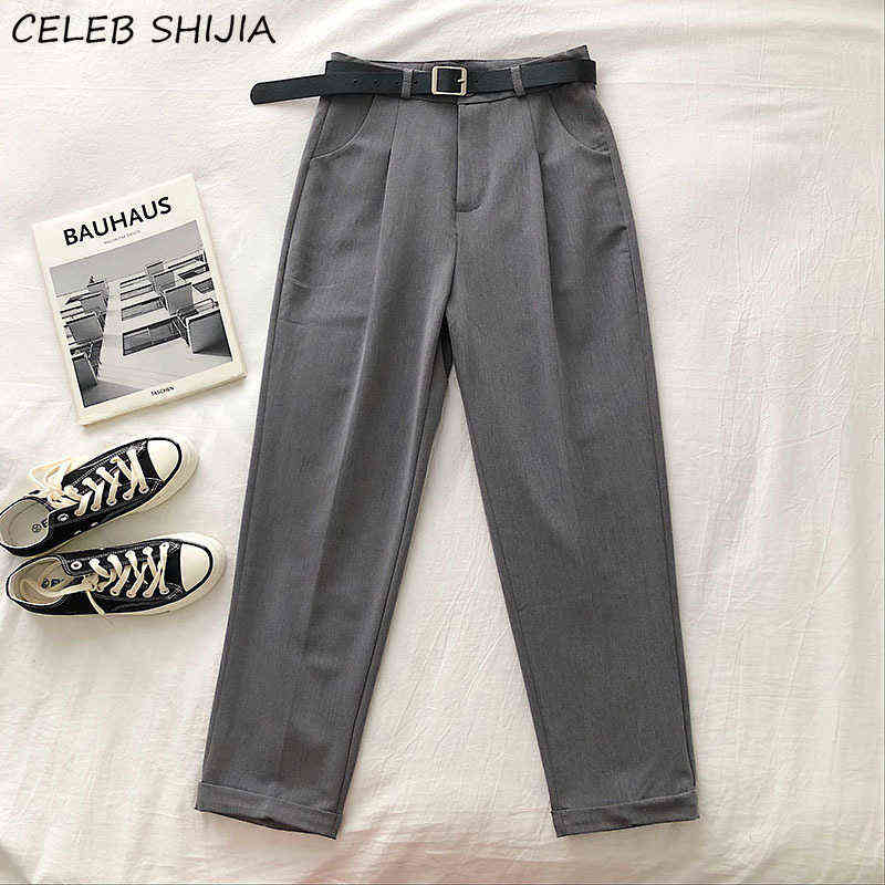 Spring Gray Pants Woman with Belt High Waist Elegant Straight Leg Office Lady Business Chic Baggy Trousers Clothes 211115