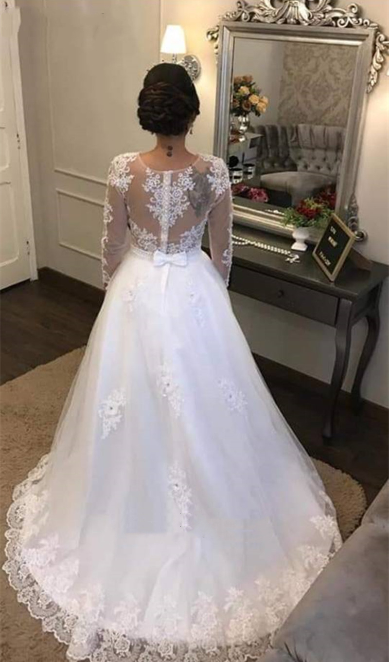 Long Sleeves Two Pieces Wedding Dress 2022 With Flowers Lace Appliqued A Line White Ivory Tulle Bride Dresses Robe De Mariee Garden Bridal Gowns Jewel