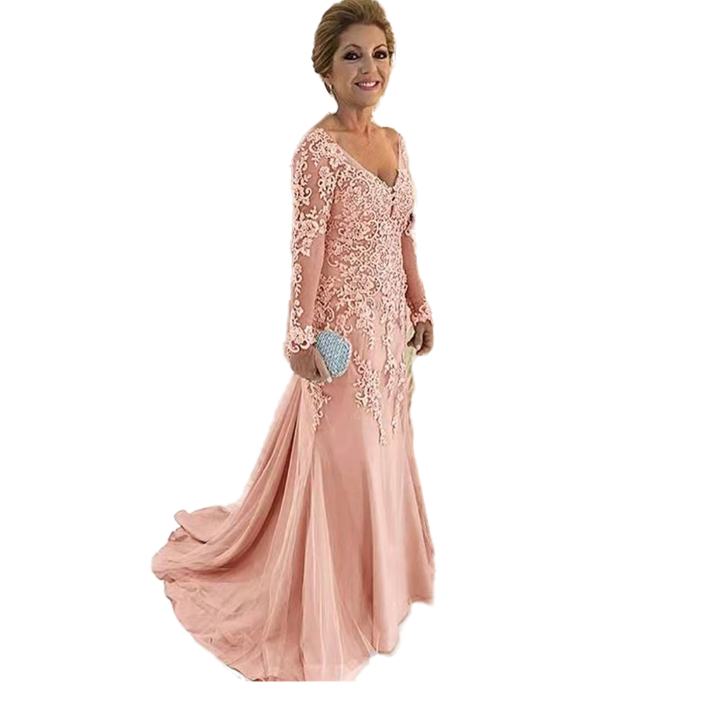 Elegantt Champagne Lace Long Mother Of The Bride Dresses V Neck Full Sleeve Wedding Party Gowns Guest Formal Evening Dress God Mom Celebrity Wear