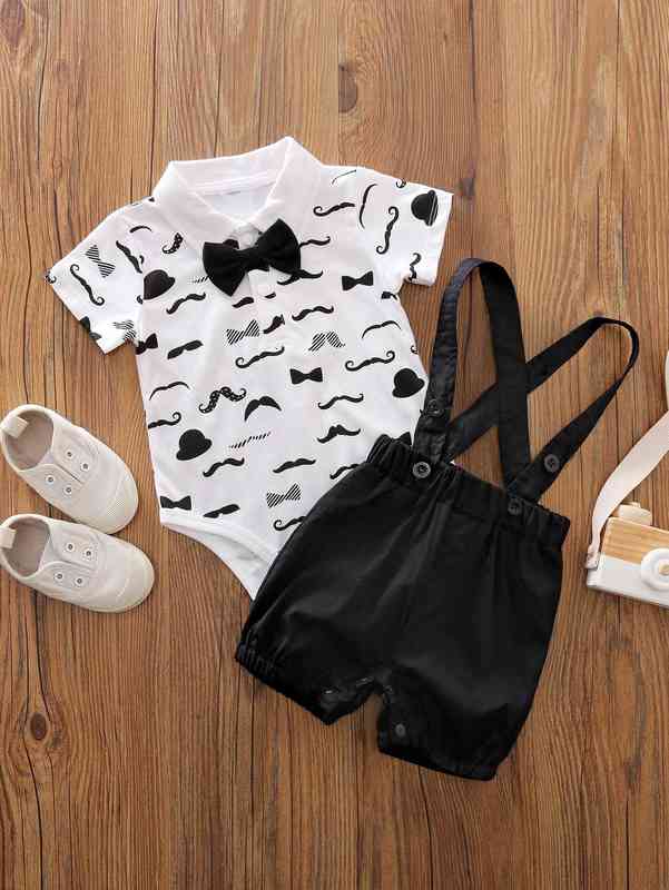Yierying Baby Boy Sailboat Print Bow Neckline Shirt & Suspender Shorts SHE
