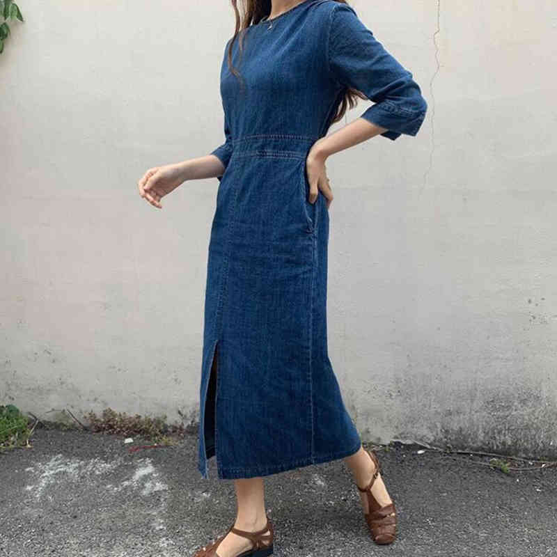Summer O Neck Short Sleeve Casaul Women Elegant Long Robe Korea Slim Split Laides Denim Blue Dress QV888 210427