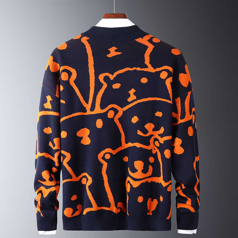 Mens Autumn Casual Sweaters Polar Bear Pattern Trendy Slim Sweaters Cotton Long Sleeve Round Collar Male Warm Pullovers Orange 211008