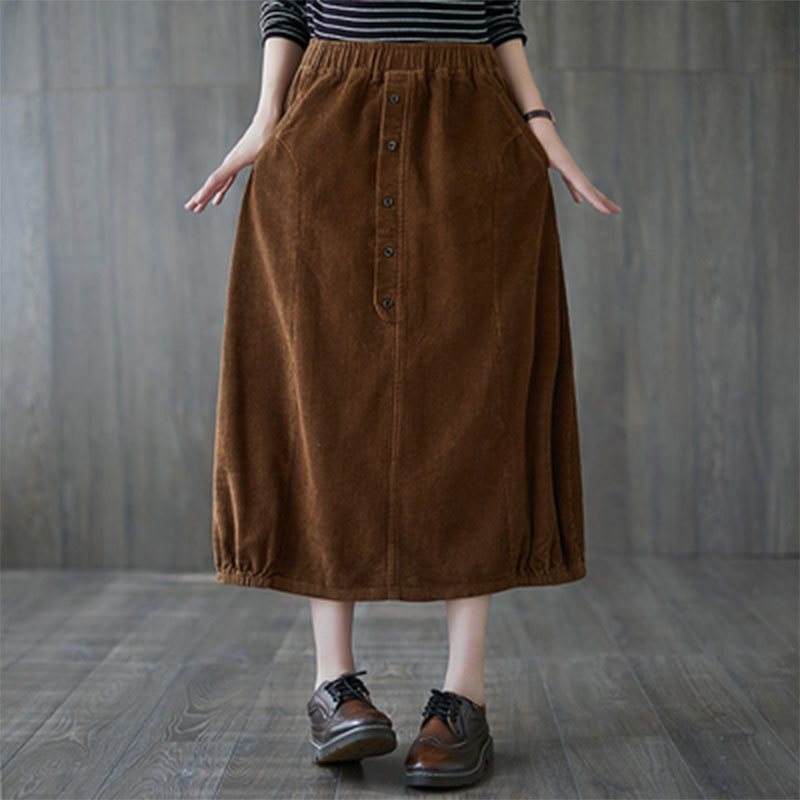 Autumn Winter Arts Style Women Elastic Waist Loose A-line Skirts Cotton Corduroy Casual Long Skirt Plus Size Saia S41 210512