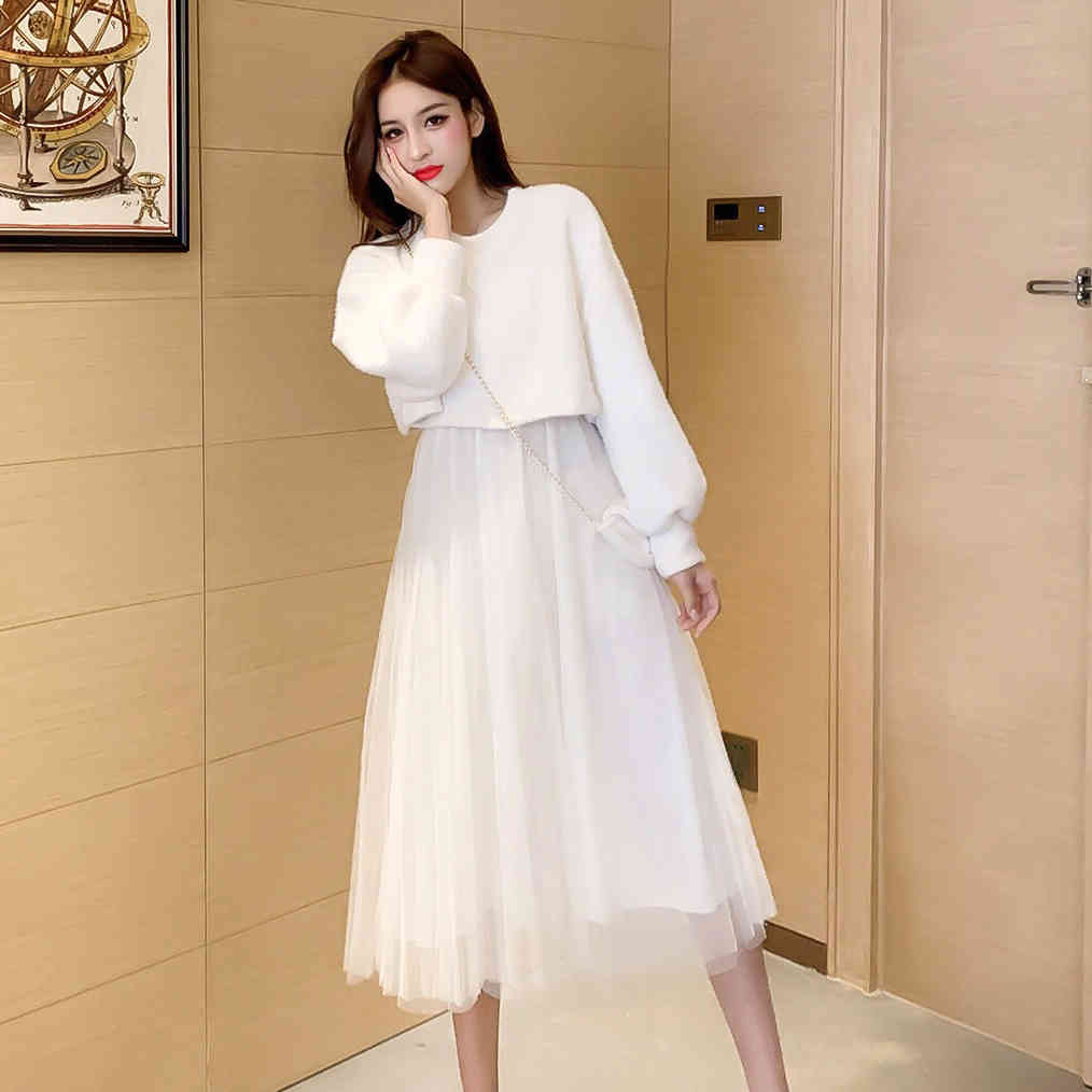 Spring Female O-neck Lantern Sleeve Knit Blouses + Strap Fairy Mesh A-line Dress With Bag Two-piece Sets Women Suits 210515