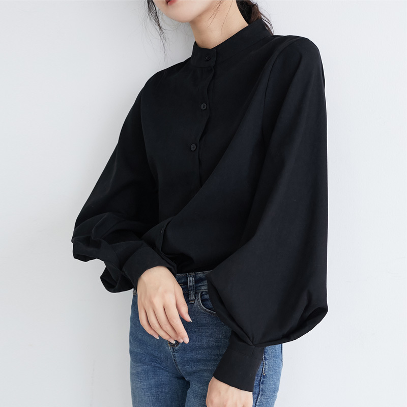 Lantern Sleeve Blouse Women Autumn Winter Single Breasted Stand Collar Shirts Office Work Solid Vintage 83A 210420