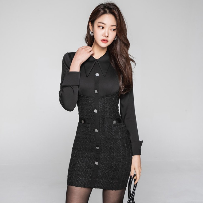 Spring Retro Elegant Office OL Tweed Patchwork Dress Long sleeve Lapel single-breasted Bodycon Mini Female 210519