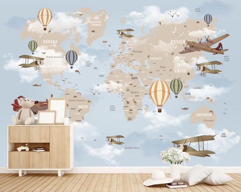 Custom wallpaper world map background wall decoration children's room map hot air balloon background 3d wallpaper mural