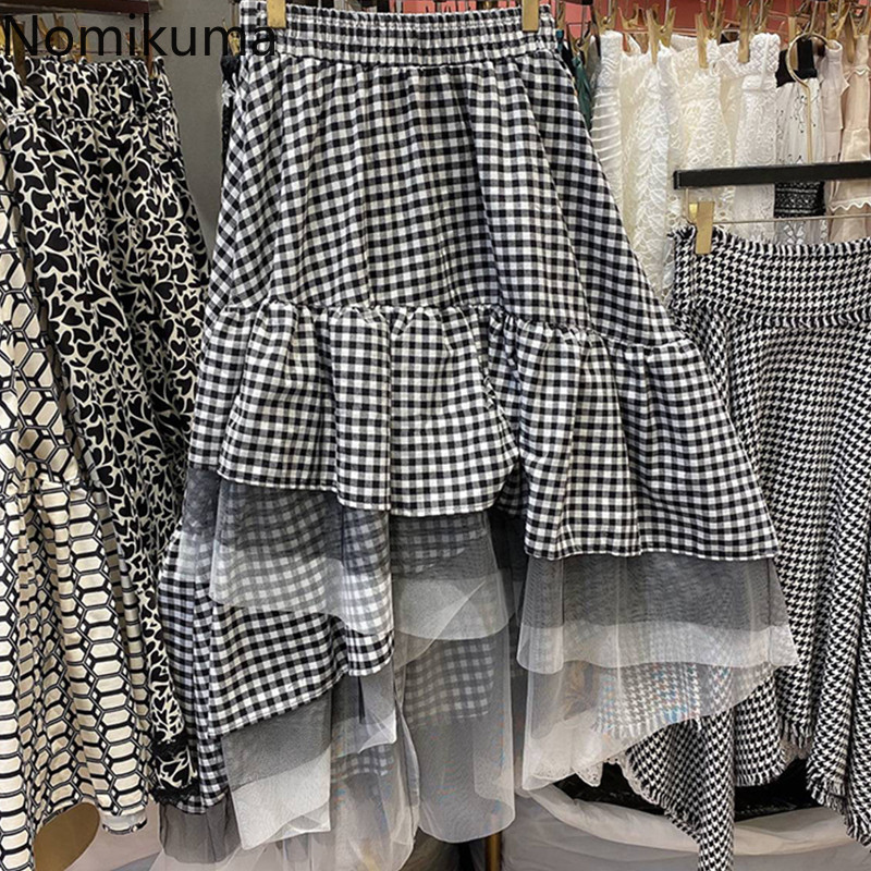 Nomikuma Korean Causal Stretch High Waist Plaid Skirt Lace Ruffle Patchwork Irregular Women Skirts Spring Midi Skirt 6E631 210427