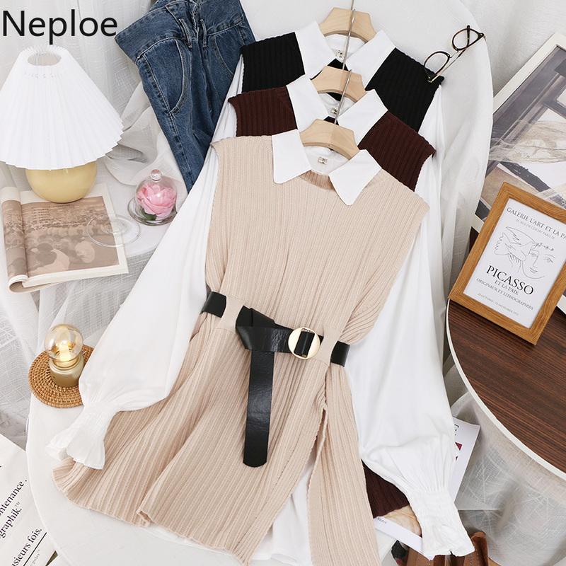 Neploe Korean Chic Suit Two Piece Outfits Women Fall Clothes White Shirt Tops Knit Bandage Sweater Vest Femme Roupas 2 Piece Set 210422