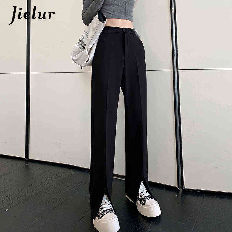 Jielur Fashion Black Trousers Suits Spring XS-2XL High Waist Casual Women's Pants Wide Leg Split Workwear Formal Zipper 211115