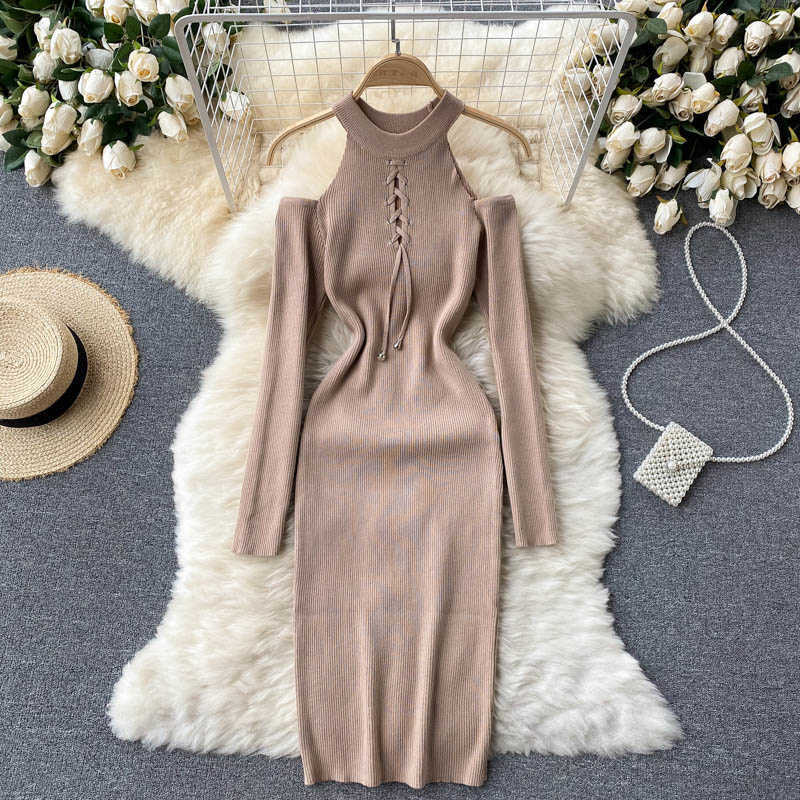 DEAT Women Knitting Dress Round Neck Long Sleeve Arrivals Lady Sexy Hollow Out Fashion Spring Autumn 11D 210709