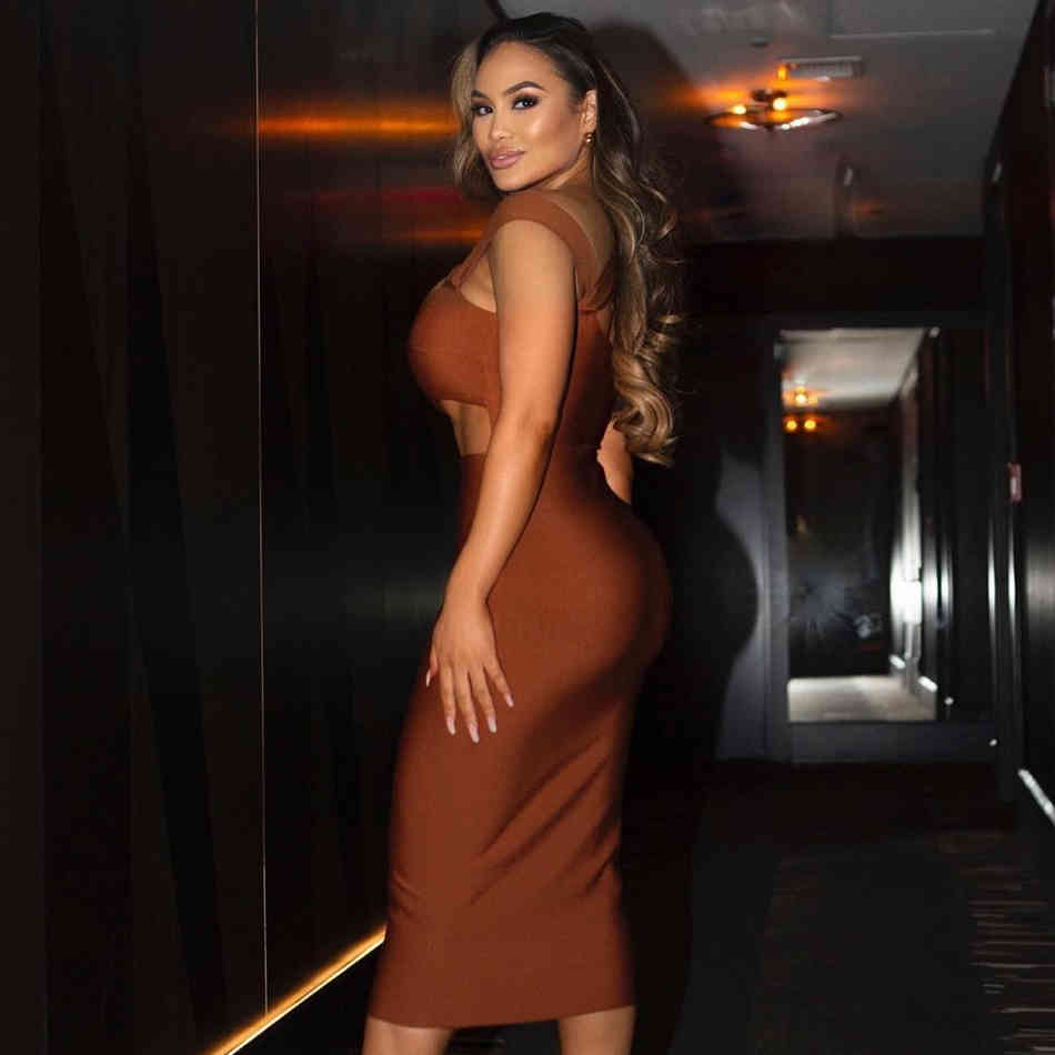 Summer Women Hollow Out Sleeveless Bodycon Bandage Dress Sexy Knee Length Green Club Celebrity Runway Party 210423