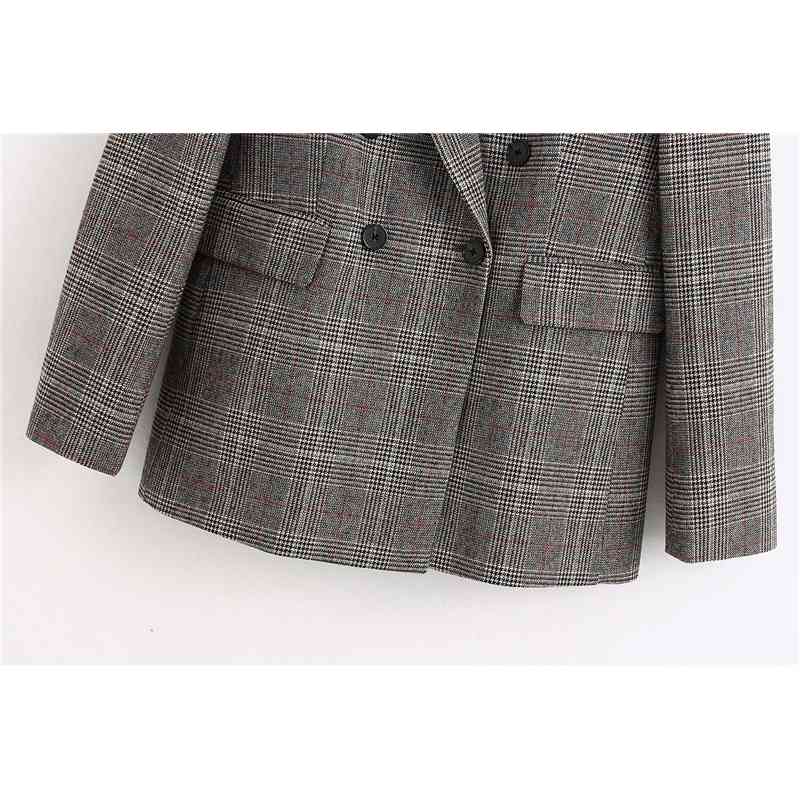 Streetwear Women Grey Plaid Jacket Fashion Vintage Ladies Double Breasted Blazer Causal Female Chic Pocket Long Suits 210430