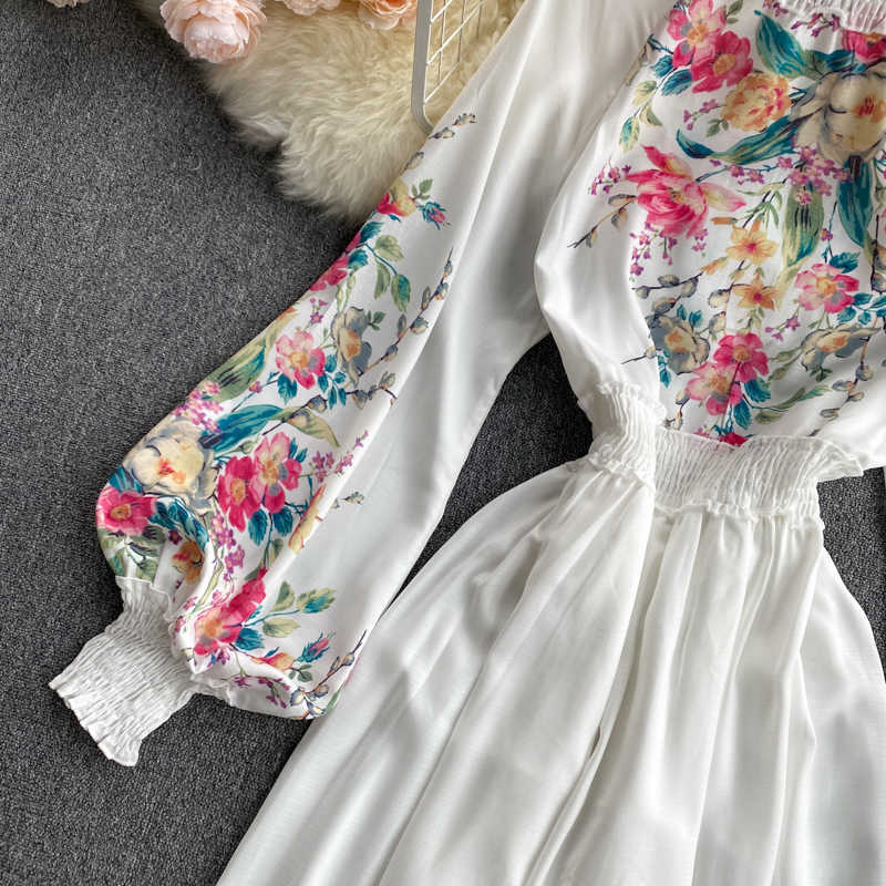 DEAT Spring Arrivals Print Round Collar Puff Sleeve High Waist Loose Vintage Style A-line Dress MZ509 210709