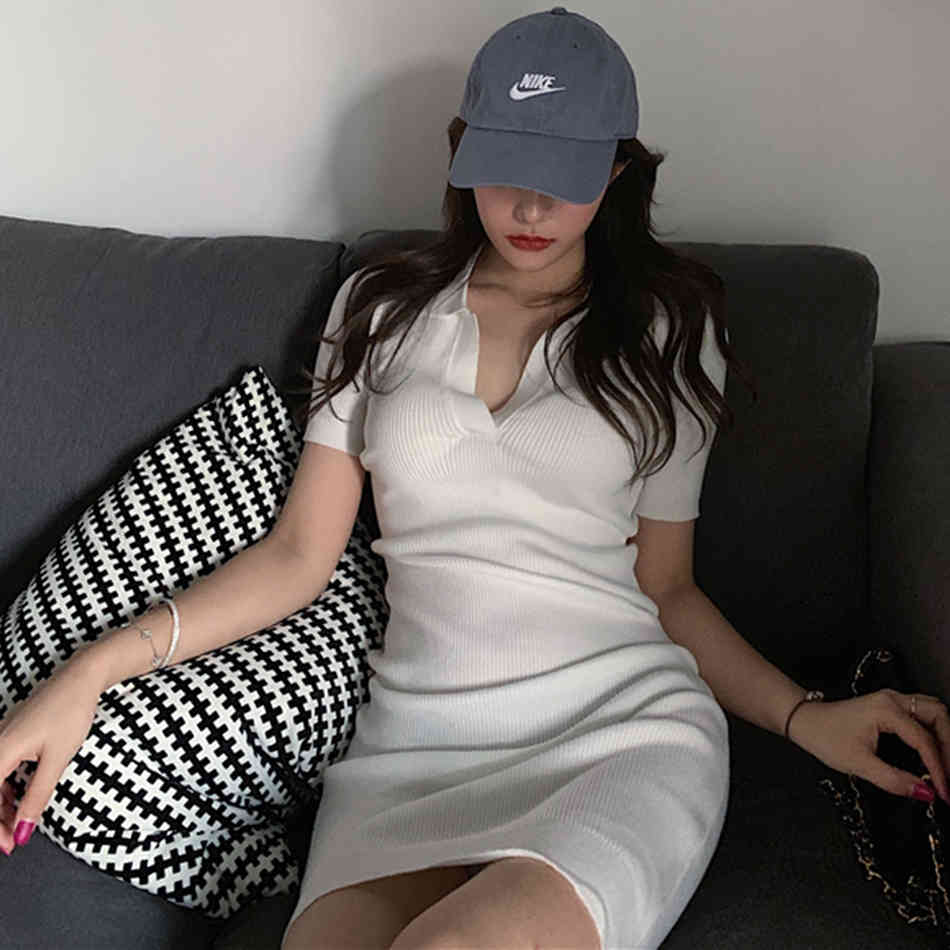 Free Summer Solid Color Knit Dress Women Lapel Short Sleeve Bodycon Ribbed Mini Club Evening Party Vestidos 210524