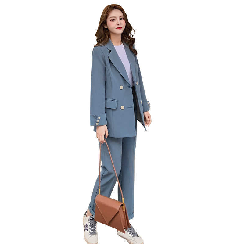Women Suits Office Sets Long Sleeve Double-breasted Business Ladies Elegant Two-piece Blazer And Pants Set For 210603