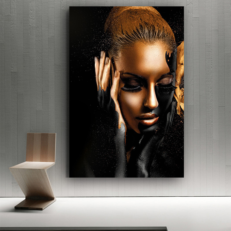 Black Gold African Woman Oil Paintings on Canvas Nude Wall Art Posters and Prints Scandinavian Cuadros for Living Room Decor
