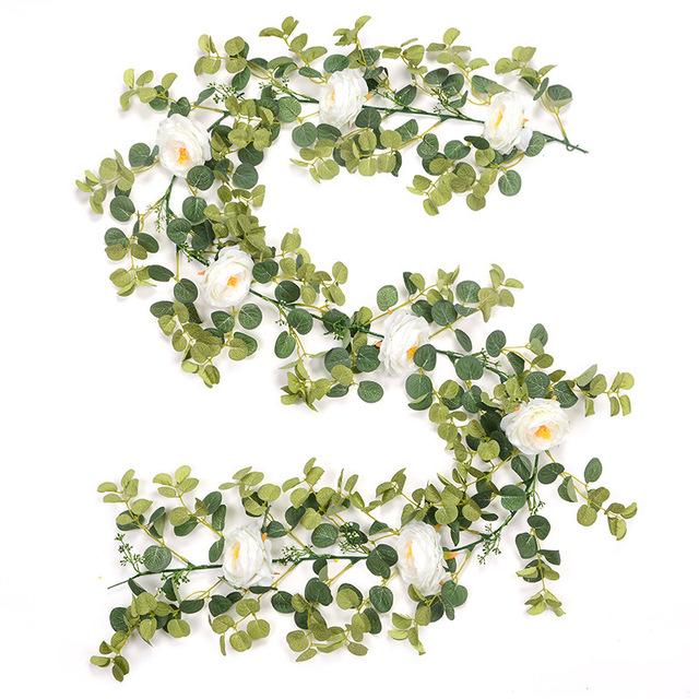 Decorative Flowers & Wreaths Fake Flower Eucalyptus Garland With Camellias Artificial Silk Rose Vine Decor Hanging Faux Leave Floral For Wed