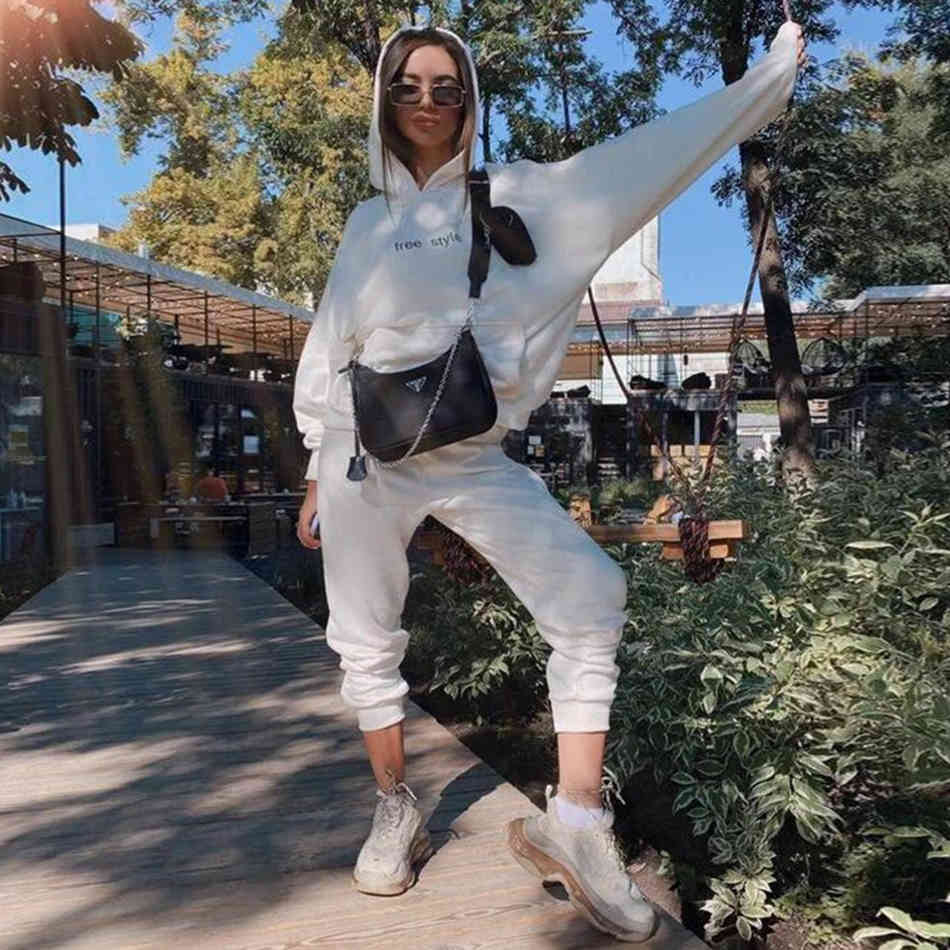 Free Women's Casual Letter Sweater Set Loose Hooded Sweatshirt Elastic Pants Zipper Sportswear 2 Two-piece Sets 210524