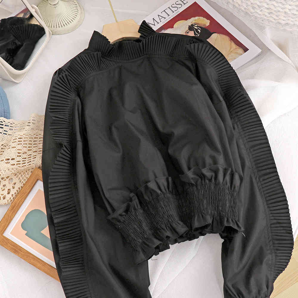 Elegant Ruffle Blouses Women Korean Chic Fashion Clothes Solid Shirts Office Lady Stand Collar Crop Blusas Camisas Mujer 210519
