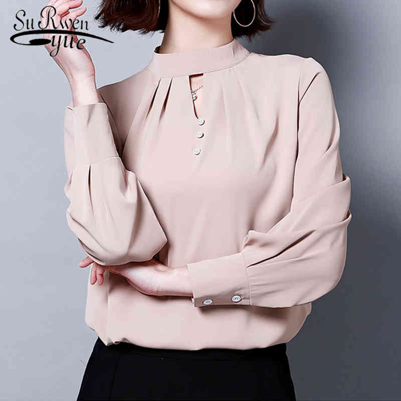autumn women ladies tops and blouses plus size shirt long sleeve chiffon solid Office Lady top black 6013 50 210427