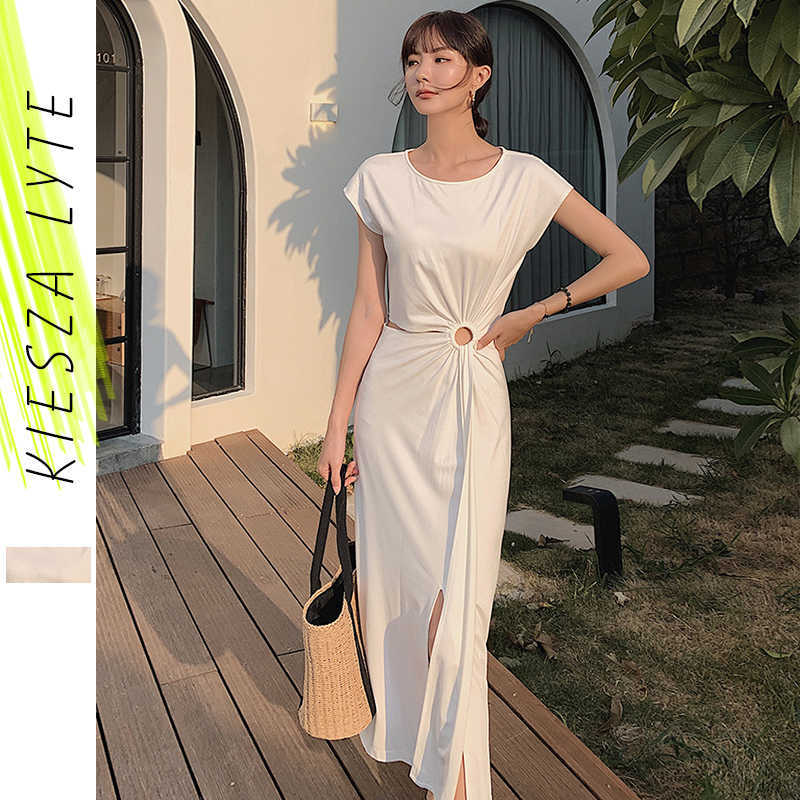 Women's Beach Sexy Summer Dress Fashion Casual Solid White Party Bodycon Modal Slit Midi Dresses Robe Femme 210608