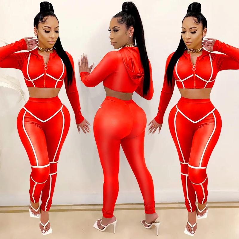 Women's Two Pieces Sports Suit Long Sleeve Hooded Zipper Crop Top Tight Pants For Daily And Exercise Tracksuit Outfits Sets Tracksuits