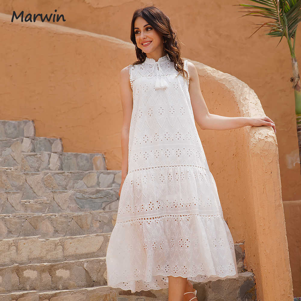 Marwin Long Simple Casual Solid Hollow Out Pure Cotton Holiday Style High Waist Fashion Mid-Calf Summer Dresses Vestidos 210623