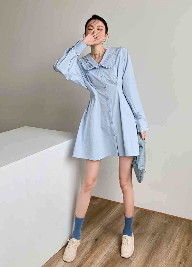 Peter Pan Collar Light Blue Button Up Casual Dress Women Long Sleeve A Line Tunic Mini Korean Fashion Clothing 210427