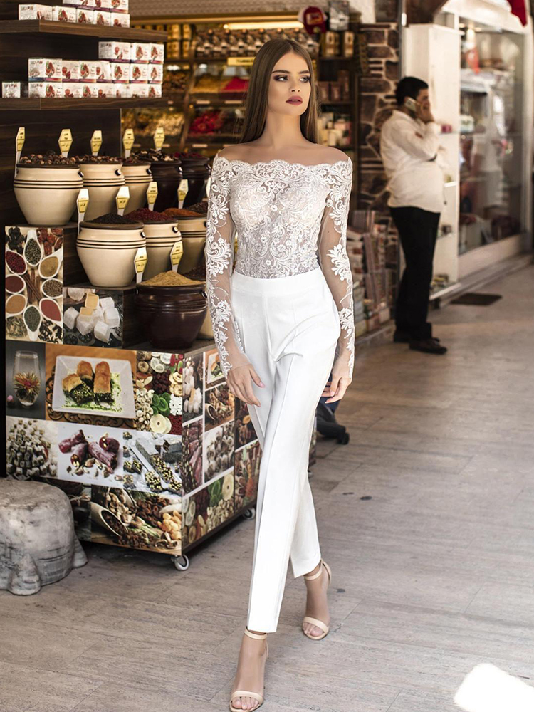 Chic Detachable Jumpsuits Wedding Dresses Bohemian Beach Bride Dress Lace Long Sleeve Sexy Bateau Neck Bridal Gowns With Trains Appliques 2021