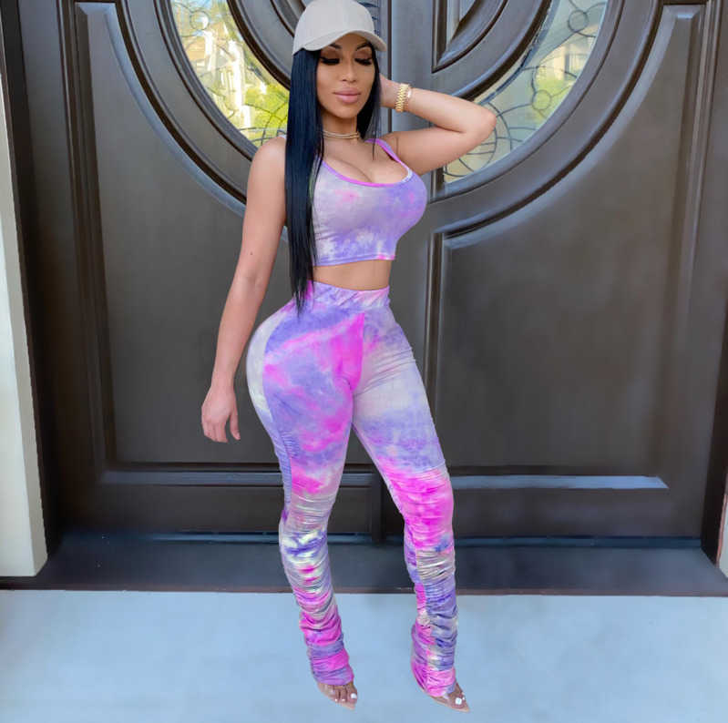 Womens Tie Dye Short 2023 Piece Set Tracksuit club fashion vest Pleated long pants Jogging suit Desiger T Shirt Tight Trouser Outfits