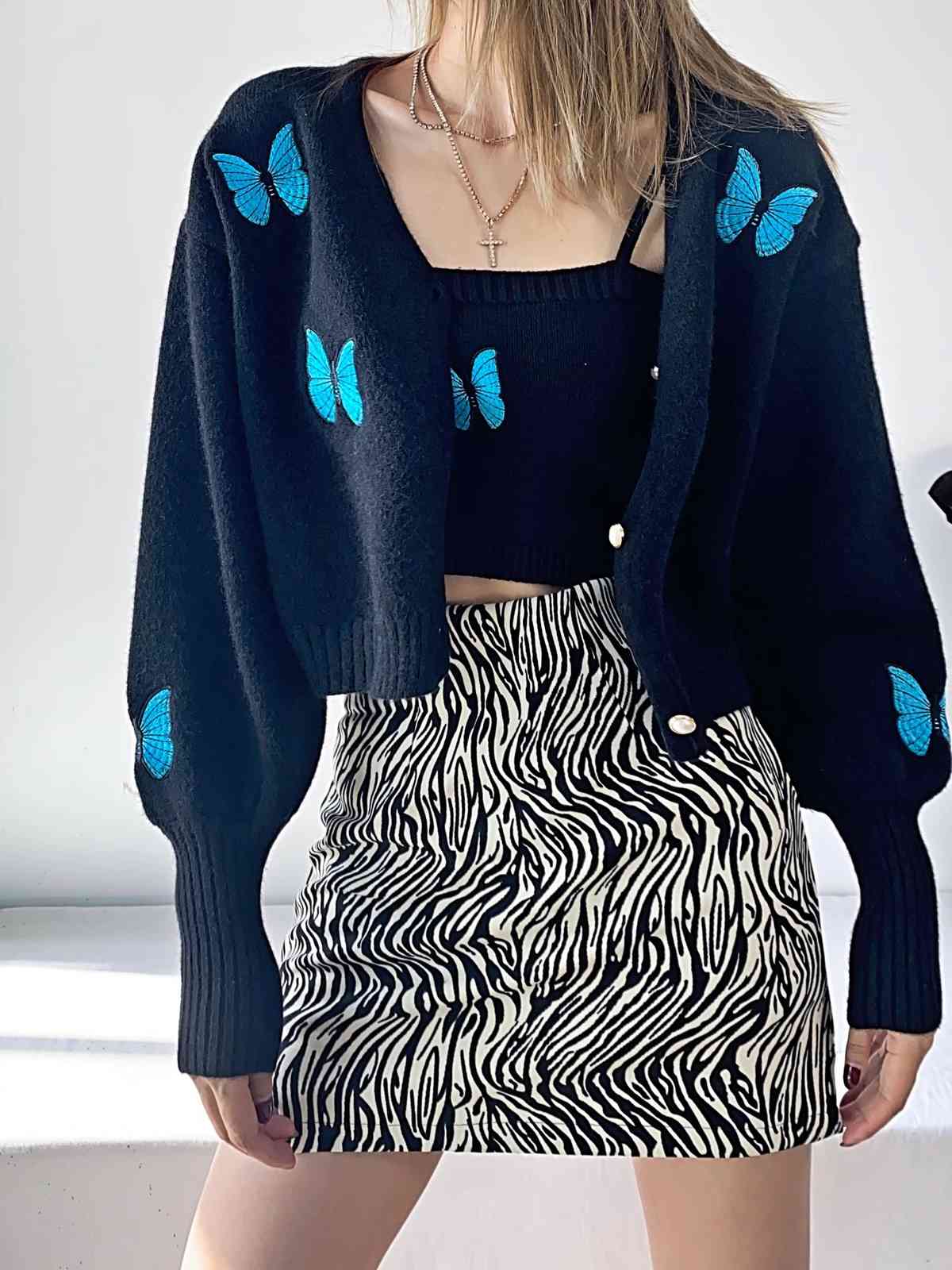 Retro Embroidery Butterfly Cardigan Korea style Long sleeve Knitted Sweater Slash Collar Package hips Midi Dress 1 Set 210429