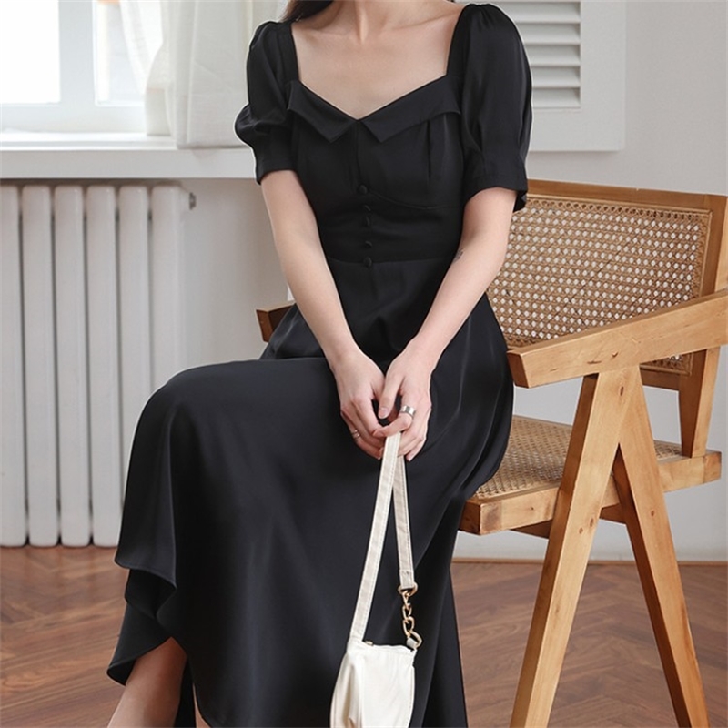 Summer Women Elegant Holiday Dresses Vintage Fashion Puff Sleeve Square Collar White Chiffon Party 210519