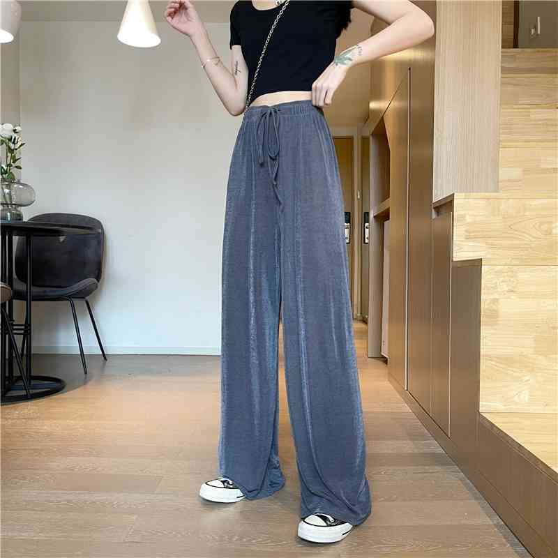 Fashion High Waist Drape Mopping Summer Pants Ladies Elastic Loose Ice Silk Thin Straight-Leg 210520