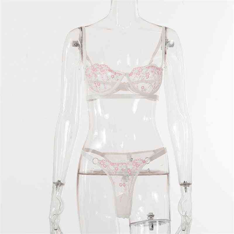 style women's thin section mesh embroidered sexy underwear underwire gather bra panty set thong sexy lingerie set 211104wtt