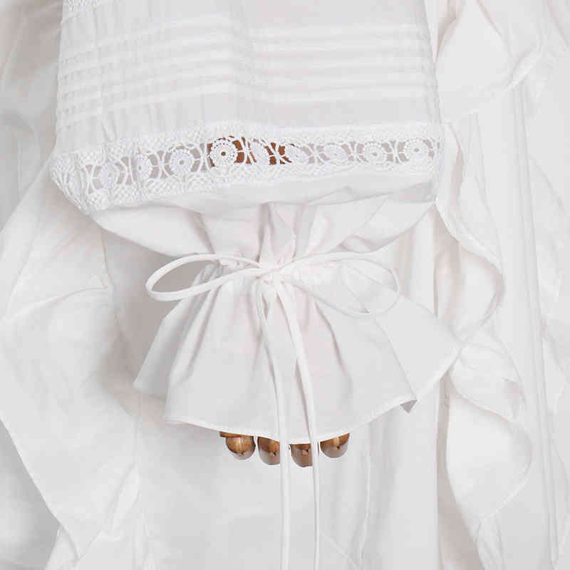 Patchwork Ruffle Lace Dress For Women Square Collar Lantern Sleeve Ruched Casual Loose Dresses Female Fashion 210520