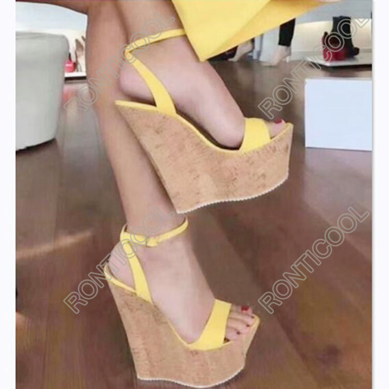 Rontic New Fashion Women Handmade Sandals Ankle Strap Wedges High Heel Open Toe Charm 6 Colors Party Shoes Size 35 45 46 47
