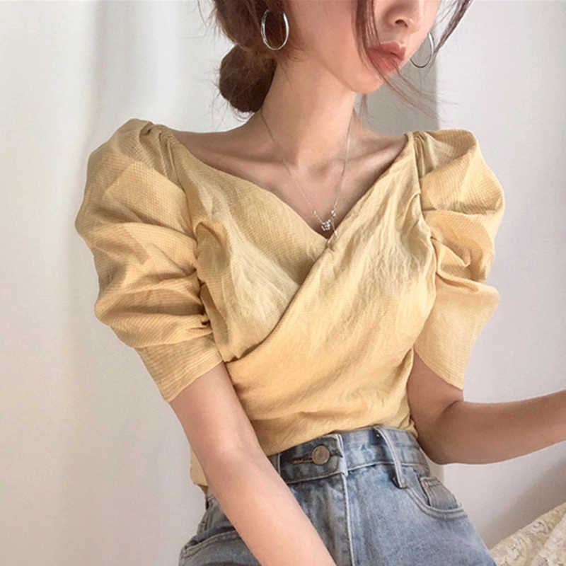 Korejpaa Women Blouses Korean Chic Retro Sweet V-neck Sexy Folds Cross Waist Bubble Plaid Sleeve Shirt Top Female 210526