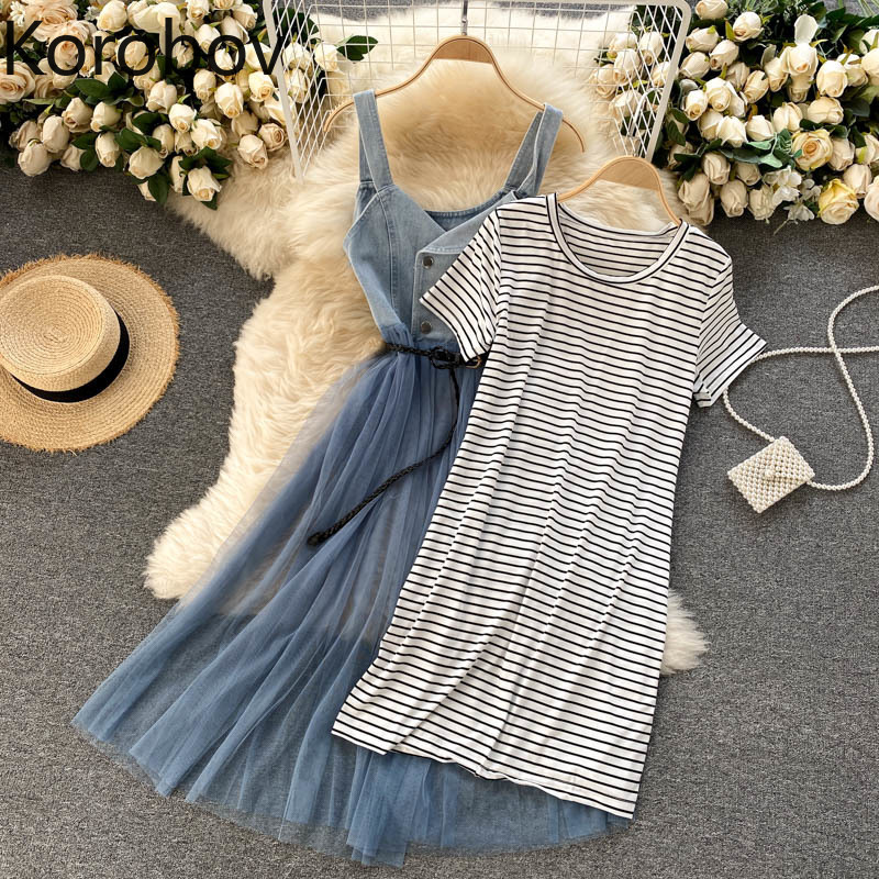 Preppy Style Suit Two Piece Set Women Striped Long Tshirt Sling Gauze Dress Femme Roupas Chic Sweet 2 210519