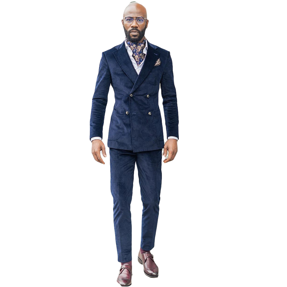 Dark Blue Velvet Mens Wedding Tuxedos 2 Pieces Classic Fit Double Breasted Casual Warm Groom Suits for Groomsmen Jacket Blazer